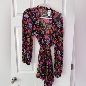 CAbi Black Floral Wrap Dress with Pink, Purple & Orange Blooms